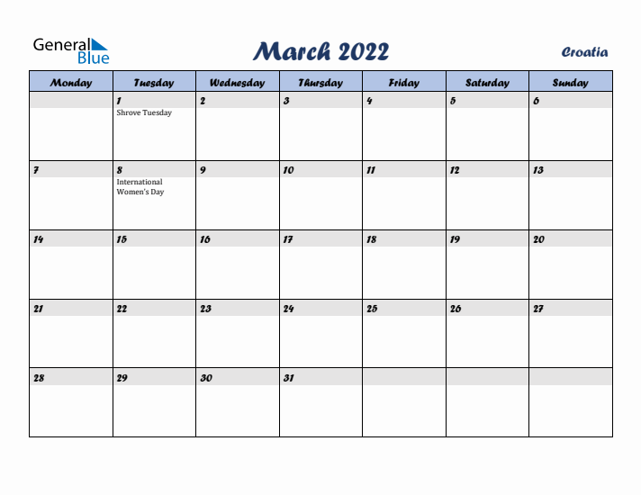 March 2022 Calendar with Holidays in Croatia