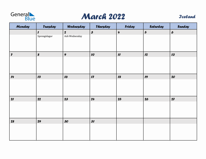 March 2022 Calendar with Holidays in Iceland