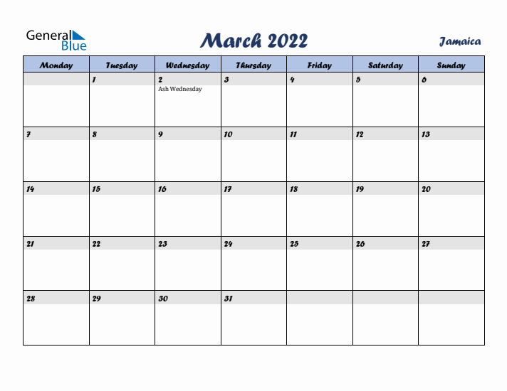 March 2022 Calendar with Holidays in Jamaica