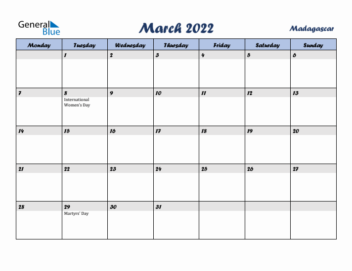 March 2022 Calendar with Holidays in Madagascar