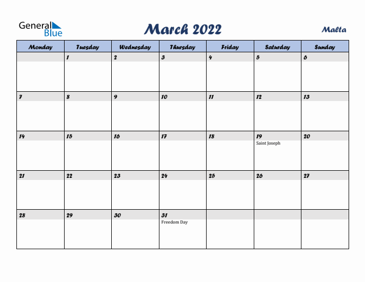 March 2022 Calendar with Holidays in Malta