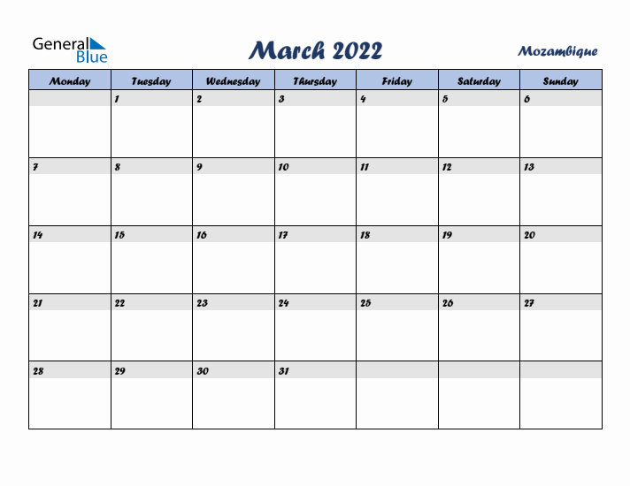 March 2022 Calendar with Holidays in Mozambique