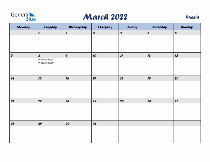 March 2022 Calendar with Holidays in Russia