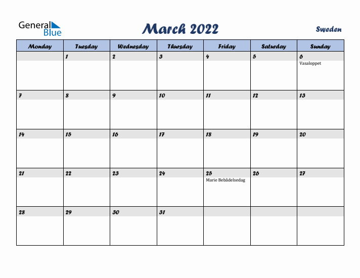 March 2022 Calendar with Holidays in Sweden