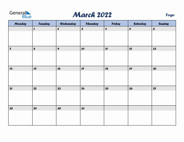 March 2022 Calendar with Holidays in Togo