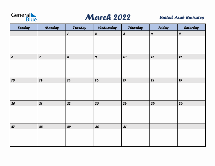 March 2022 Calendar with Holidays in United Arab Emirates