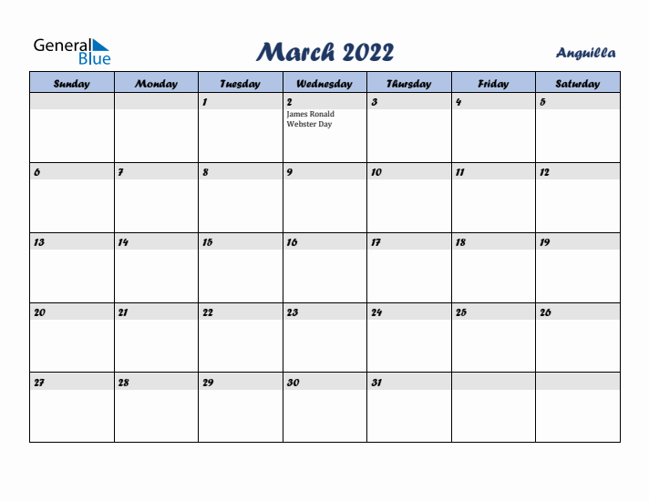 March 2022 Calendar with Holidays in Anguilla