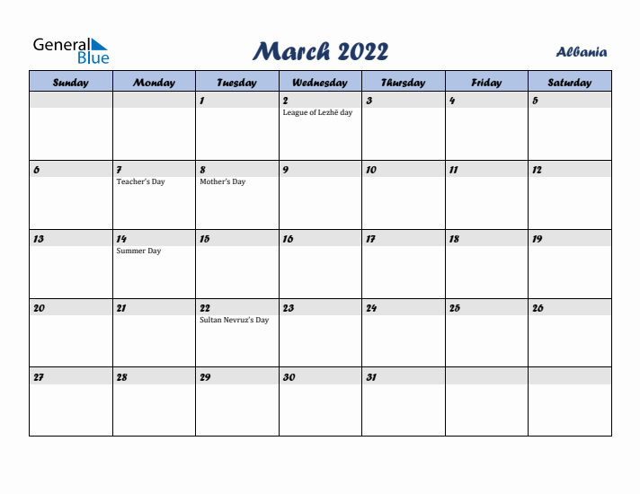 March 2022 Calendar with Holidays in Albania