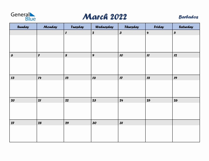 March 2022 Calendar with Holidays in Barbados