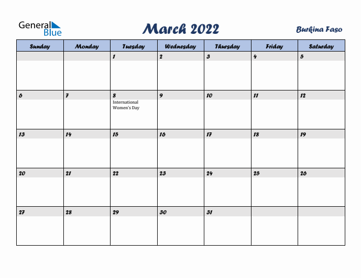 March 2022 Calendar with Holidays in Burkina Faso