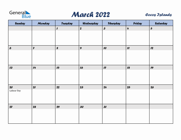 March 2022 Calendar with Holidays in Cocos Islands