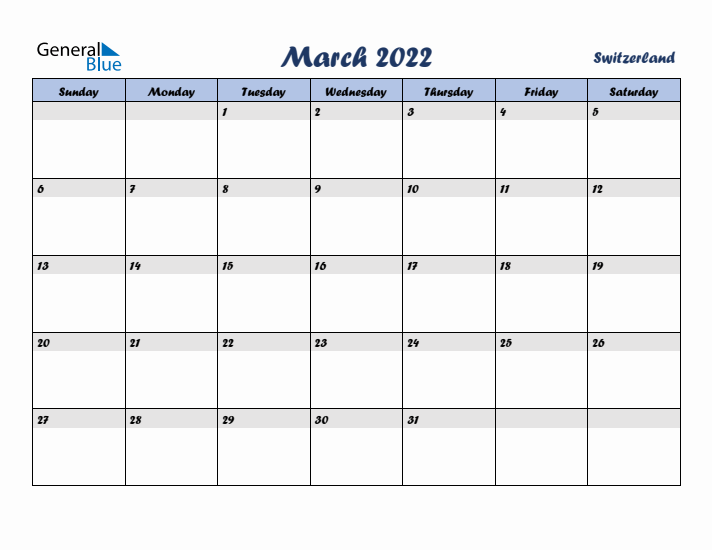 March 2022 Calendar with Holidays in Switzerland