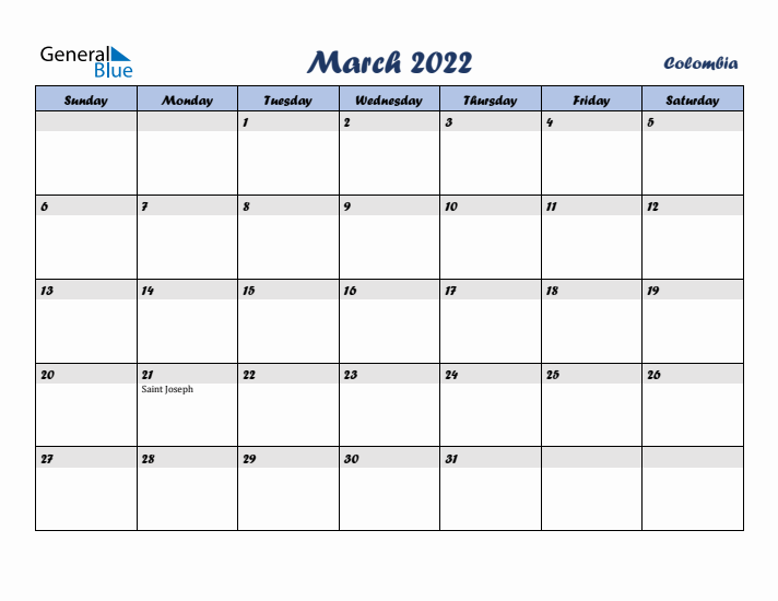 March 2022 Calendar with Holidays in Colombia