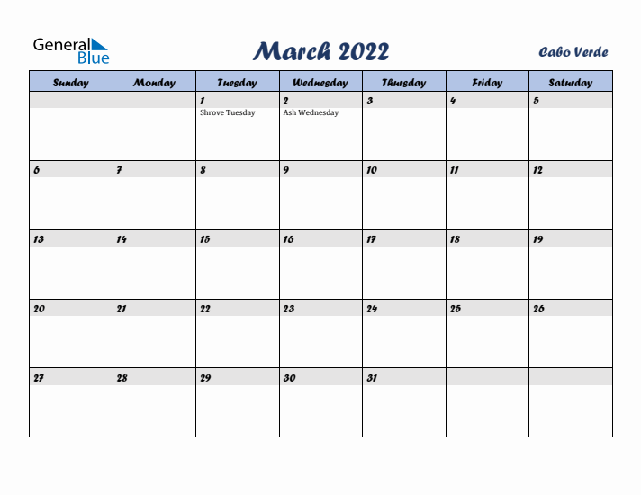 March 2022 Calendar with Holidays in Cabo Verde