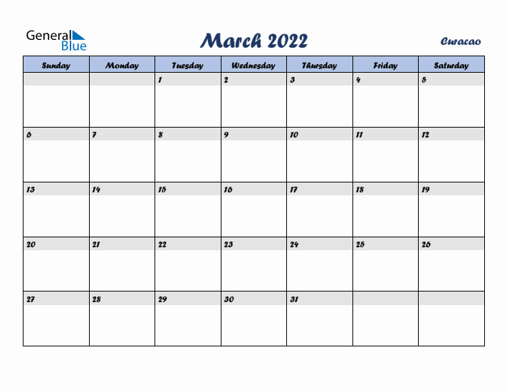 March 2022 Calendar with Holidays in Curacao