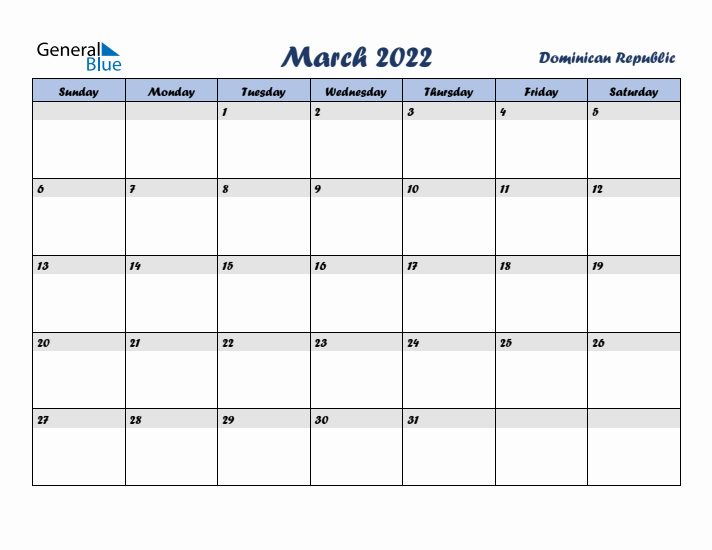 March 2022 Calendar with Holidays in Dominican Republic