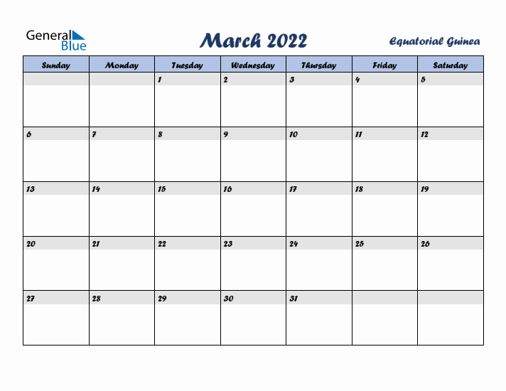 March 2022 Calendar with Holidays in Equatorial Guinea