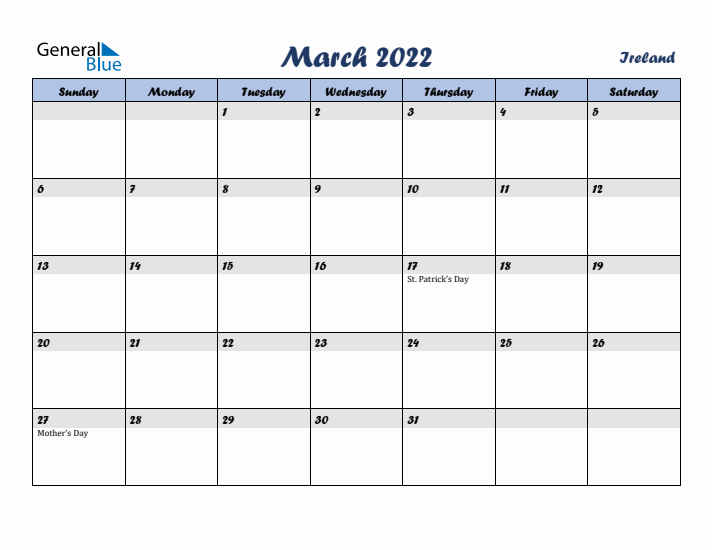 March 2022 Calendar with Holidays in Ireland