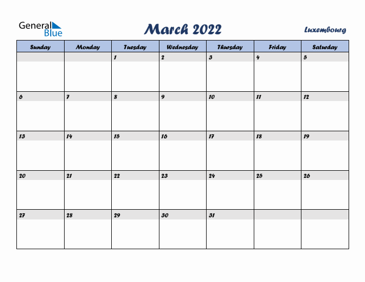 March 2022 Calendar with Holidays in Luxembourg