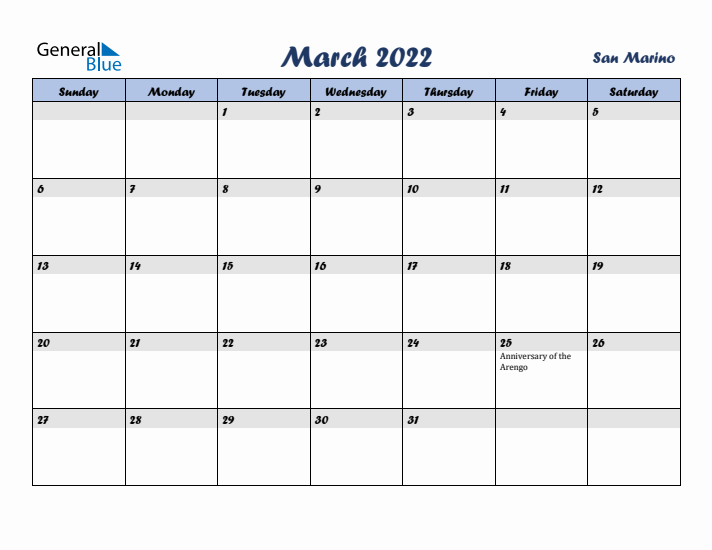 March 2022 Calendar with Holidays in San Marino