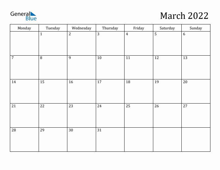 March 2022 Calendar