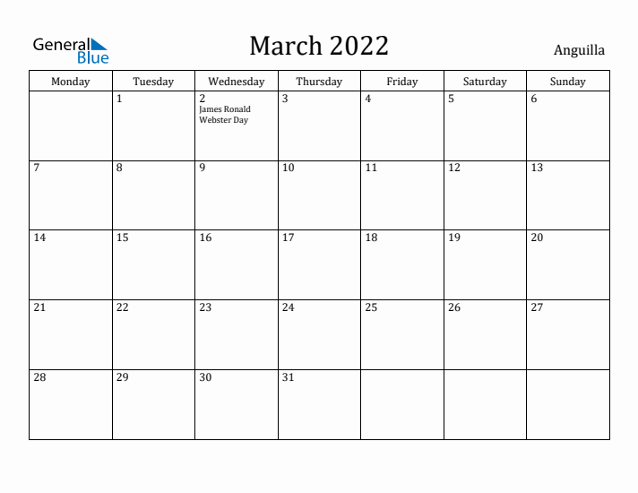 March 2022 Calendar Anguilla