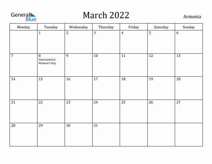 March 2022 Calendar Armenia