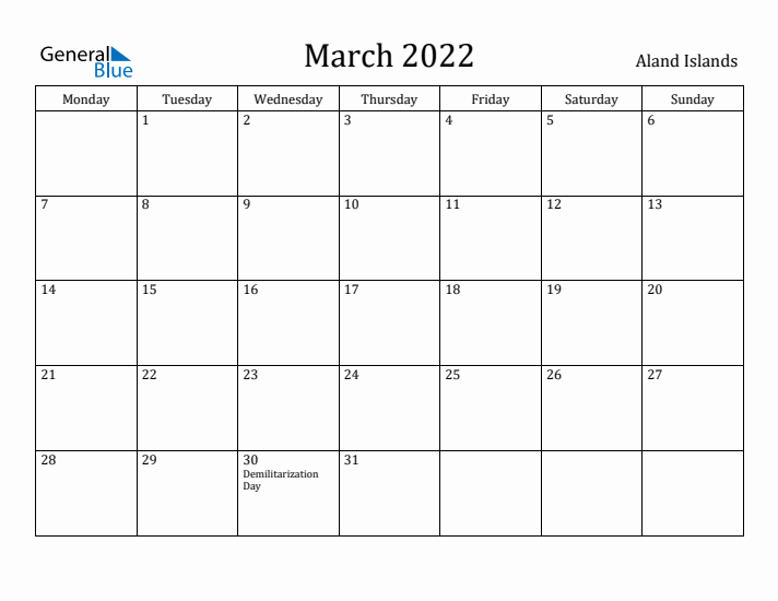 March 2022 Calendar Aland Islands