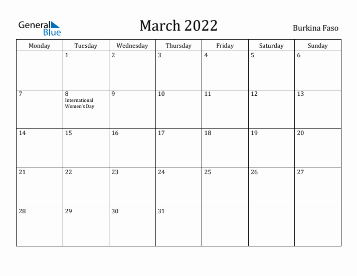 March 2022 Calendar Burkina Faso