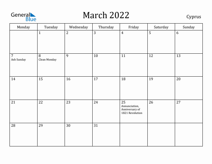 March 2022 Calendar Cyprus