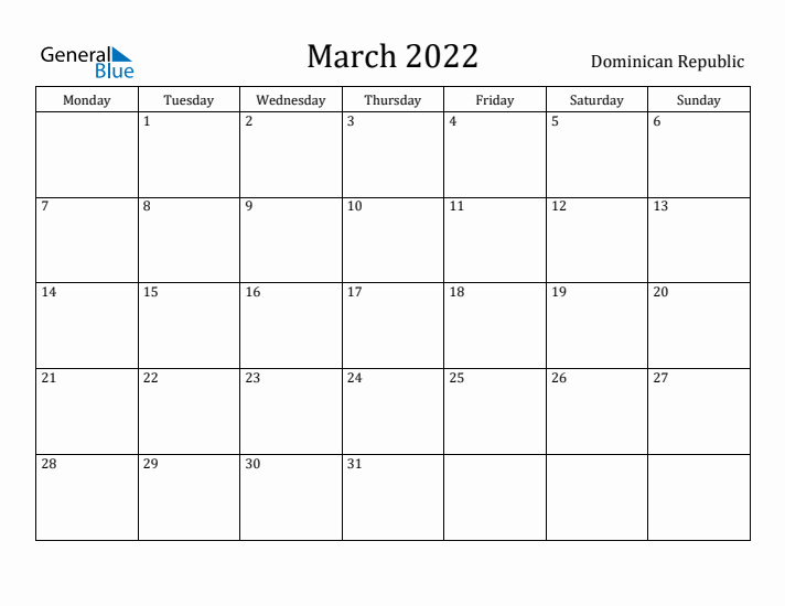 March 2022 Calendar Dominican Republic