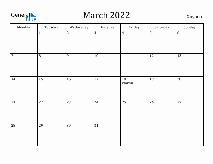 March 2022 Calendar Guyana