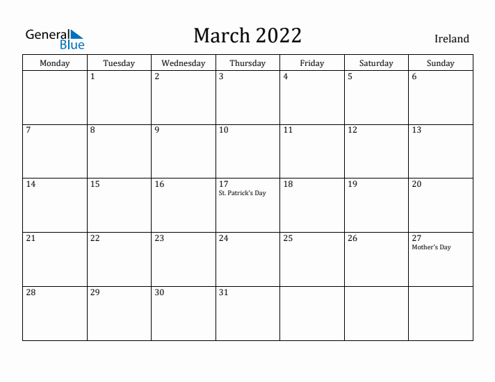 March 2022 Calendar Ireland