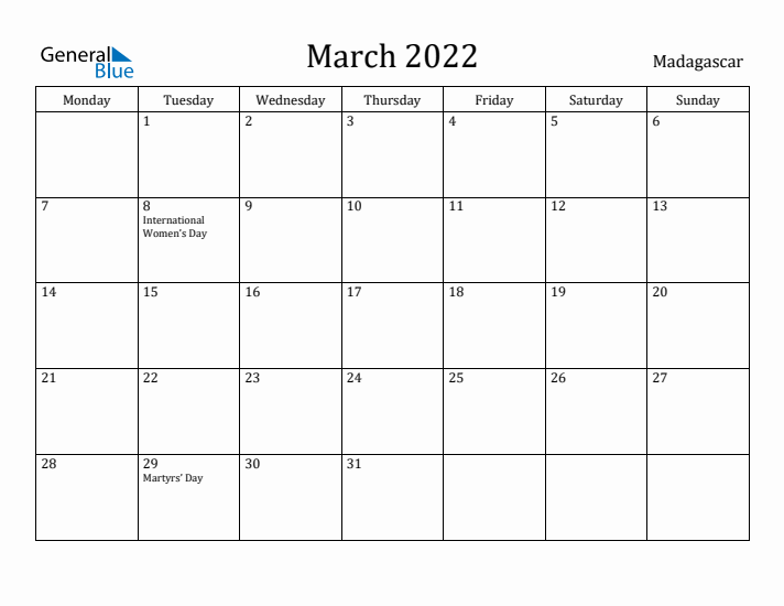 March 2022 Calendar Madagascar