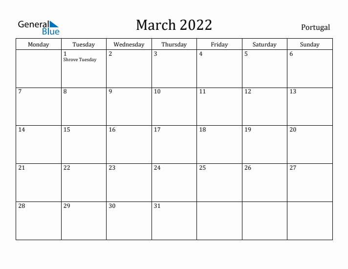 March 2022 Calendar Portugal