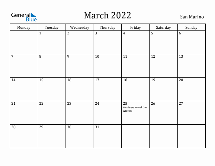 March 2022 Calendar San Marino