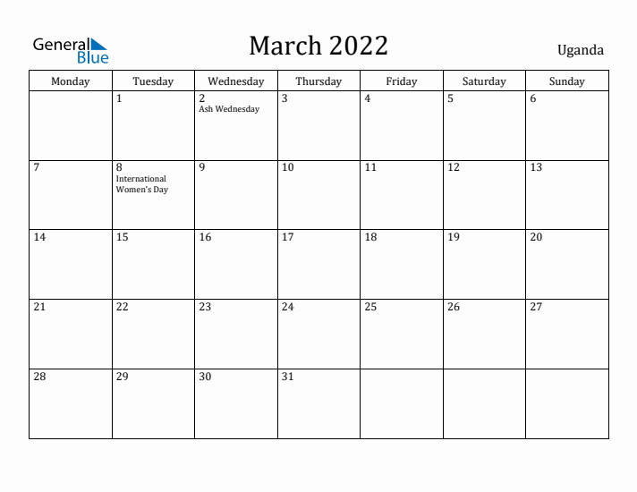 March 2022 Calendar Uganda