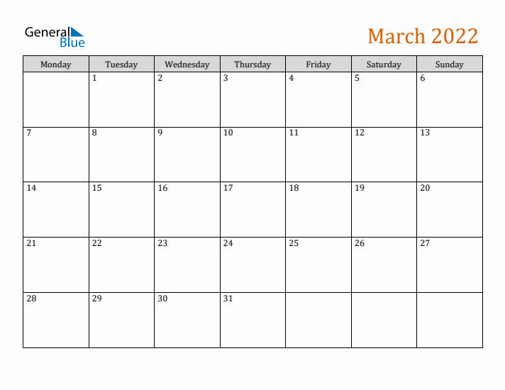 Editable March 2022 Calendar