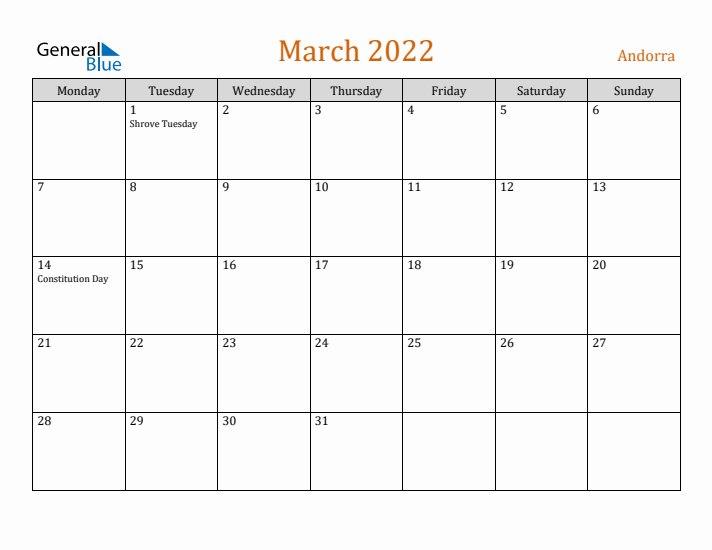 March 2022 Holiday Calendar with Monday Start