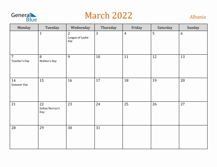 March 2022 Holiday Calendar with Monday Start