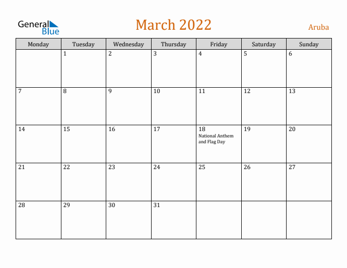 March 2022 Holiday Calendar with Monday Start