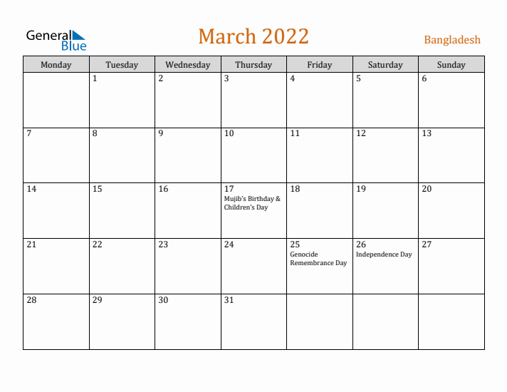 March 2022 Holiday Calendar with Monday Start