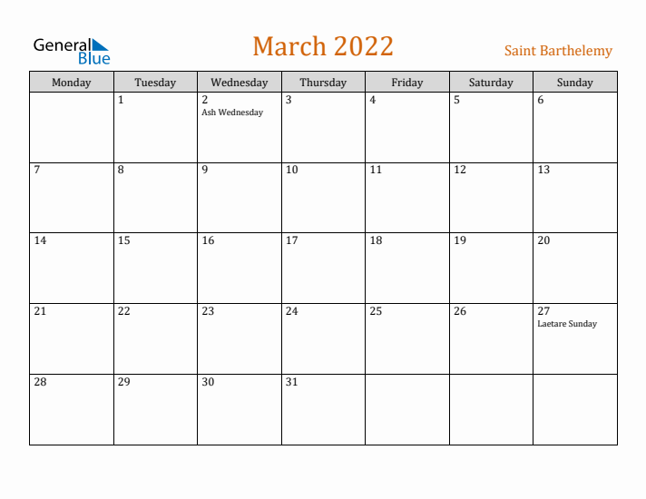 March 2022 Holiday Calendar with Monday Start