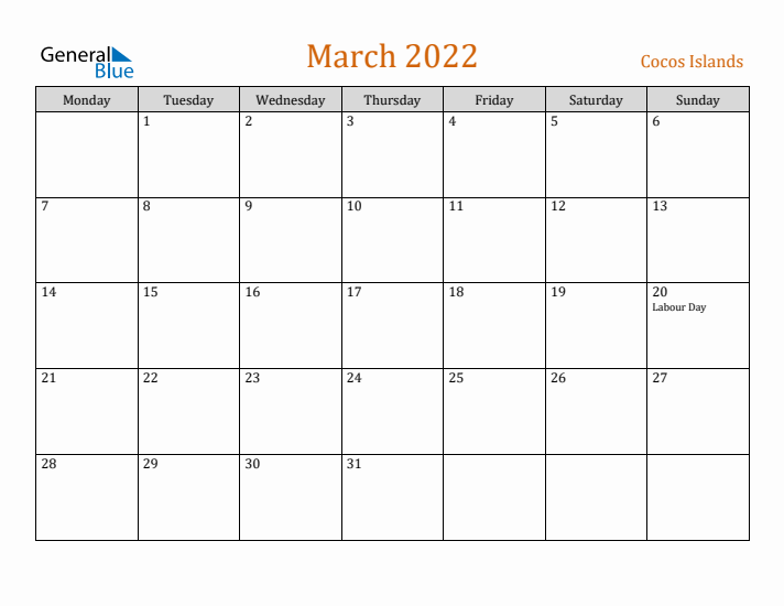 March 2022 Holiday Calendar with Monday Start