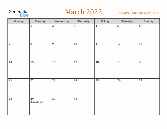 March 2022 Holiday Calendar with Monday Start