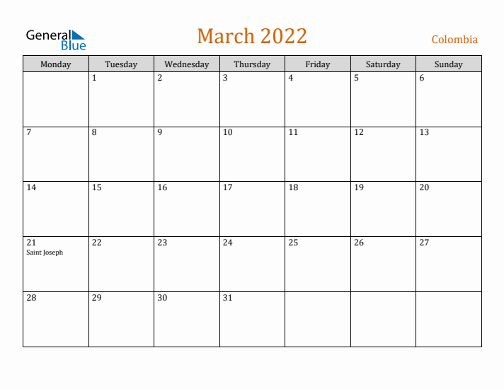 March 2022 Holiday Calendar with Monday Start