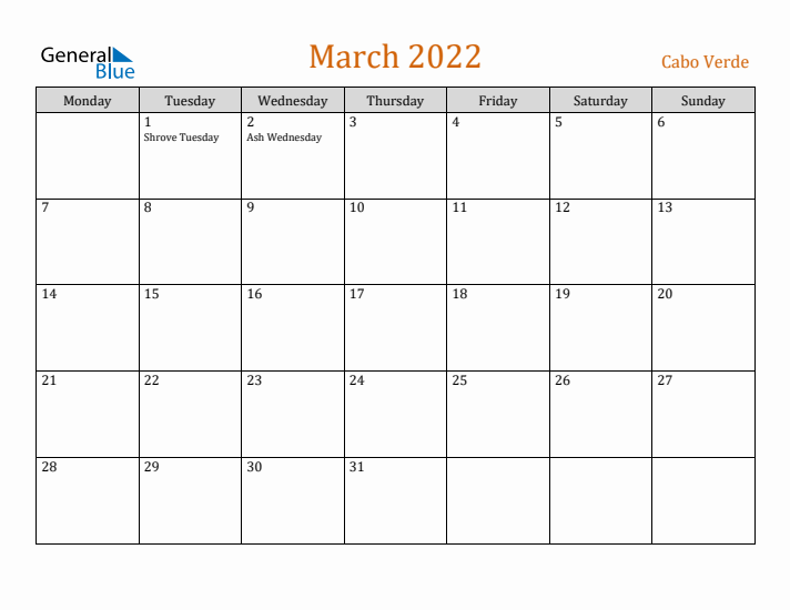 March 2022 Holiday Calendar with Monday Start