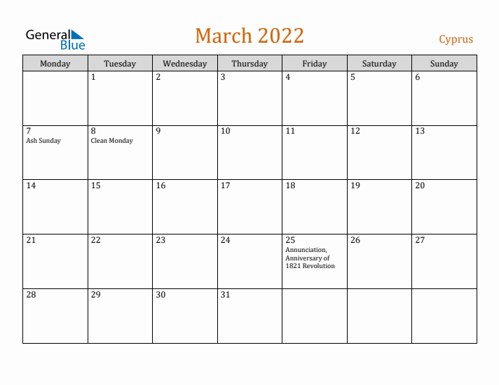 March 2022 Holiday Calendar with Monday Start