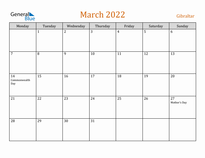 March 2022 Holiday Calendar with Monday Start