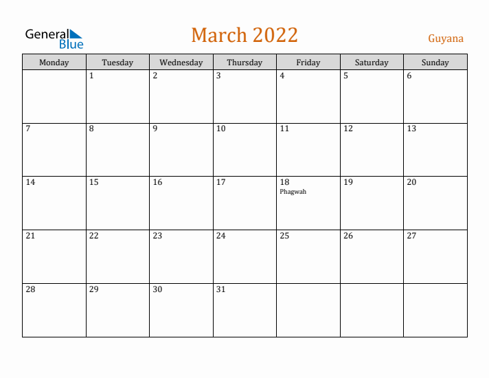 March 2022 Holiday Calendar with Monday Start